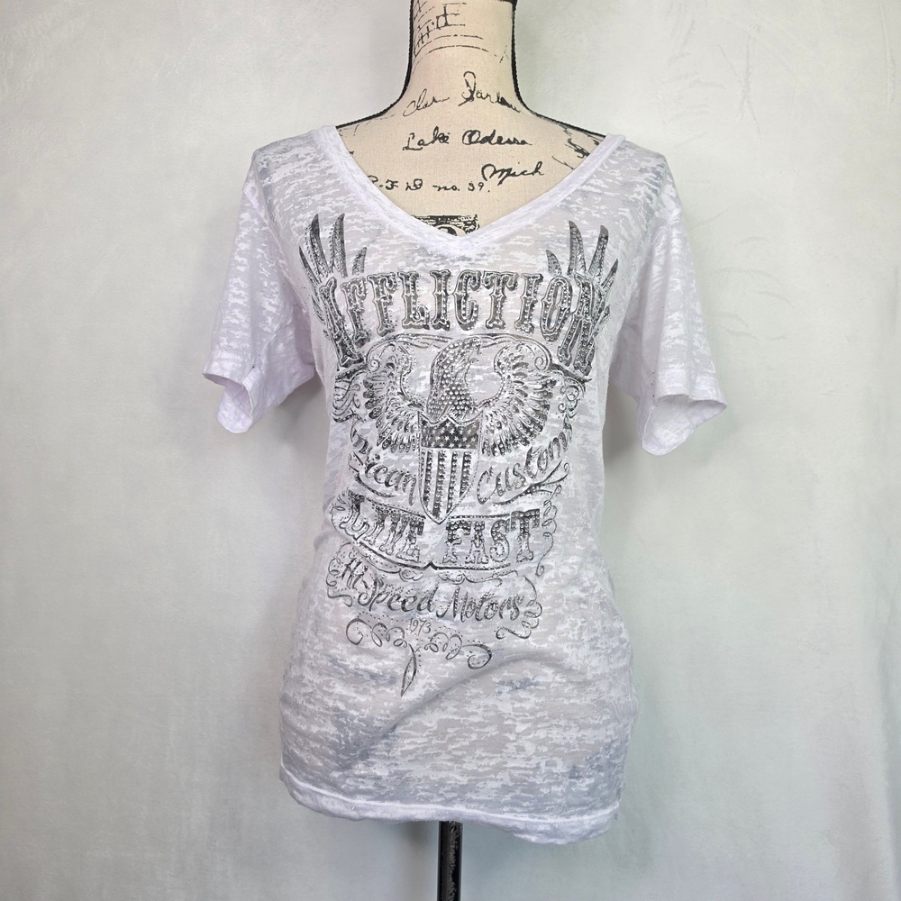 Affliction Live Fast Burnout T-Shirt White Y2K Grunge Rhinestone Eagle Large